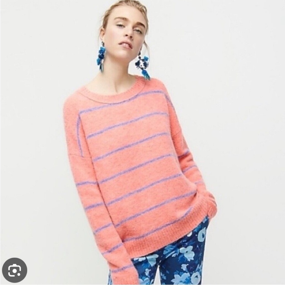 J CREW Alpaca Wool Blend Coral Pink and Blue Striped Oversized Sweater Large